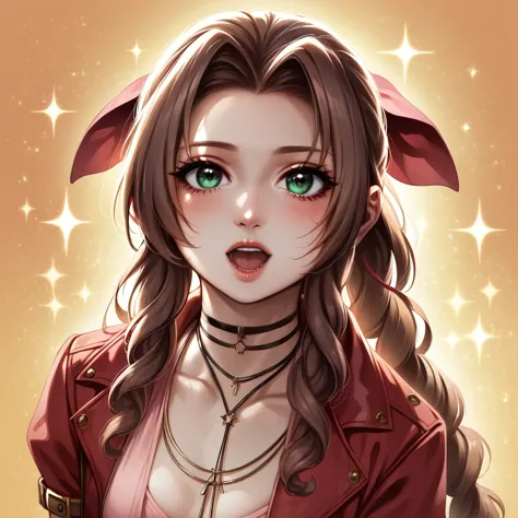 masterpiece, best quality, aerith gainsborough, choker, cropped jacket, hair bow, bracelet, pink dress, looking at viewer, abstr...