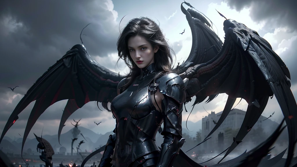 full body image, The lost god, Angel Wings and Demon Lord Wings, battle in the sky, (Realistic picture, highest resolution, 16K), (A demon god with wide wings and enormous power on his shoulders..., Twelve wings on the shoulders., black bat wings:1.3 white angel wings:1.5), long hair, Thick hair, Two meters long, floor length, (สาวสวยlong hairสองเมตร, shiny black hair, Smooth white skin, very red lips), ((stand, already)), (หน้าอกbig, หัวbig tits), (gigantic breast, small waist, hips raised, small thighs, Long legs), (dynamic poses), Separate theme, (Angel wings and devil wings), floating in the air above the ground, background darkness, Embraced with twelve wings, ปีกSeparate themeชัดเจน, Angel wings and devil wings, white and black wings, ทรงสวมมงกุฏขนาดbig, The busiest breasts, big , Porn, just, exposed body, tight, All smooth., see the whole body, full body image,