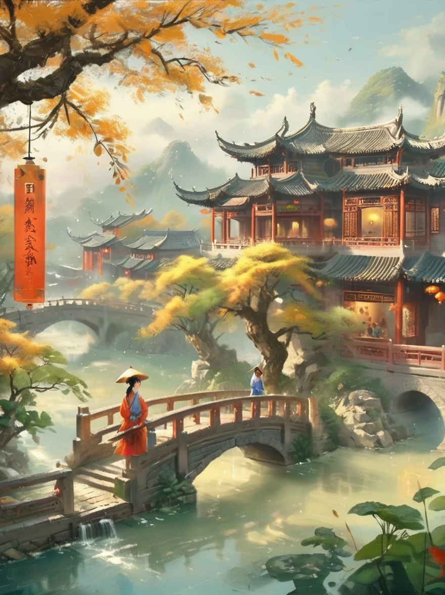 (Best quality，8k，high resolution，masterpiece:1.2)，Ultra Detail，(Girl holding an oil-paper umbrella:1.3)，Girls Focus，Close shot，Stand on a small bridge，Running Water，Ancient Town，Jiangnan Scenery，antique，Spring rain，light rain，beauty，beautydelicate eyes，beautydelicate lips，Extremely detailed eyes and face，Long eyelashes，Chinese traditional clothing，Chinese Architecture，illustration，The image is bright，rich and colorful，Fine details