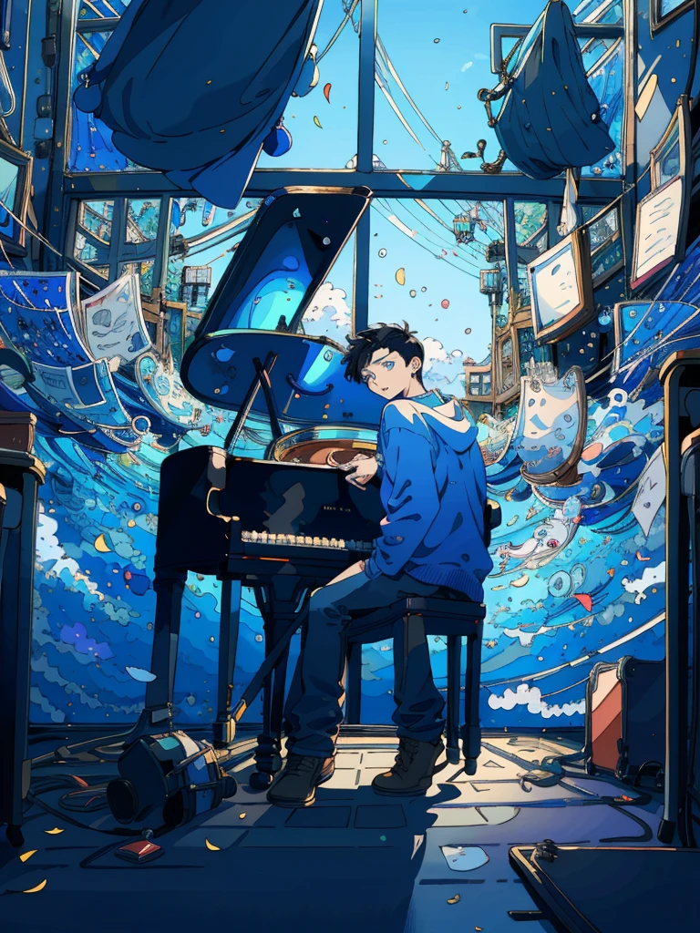 (masterpiece:1.2), best quality,PIXIV,fairy tale style, 18 years old, boy, black hair, blue eyes, indifferent, window, sitting inside of an classroom, With musicians playing piano


