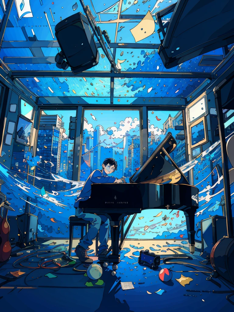 (masterpiece:1.2), best quality,PIXIV,fairy tale style, 18 years old, boy, black hair, blue eyes, indifferent, window, sitting inside of an classroom, With musicians playing piano


