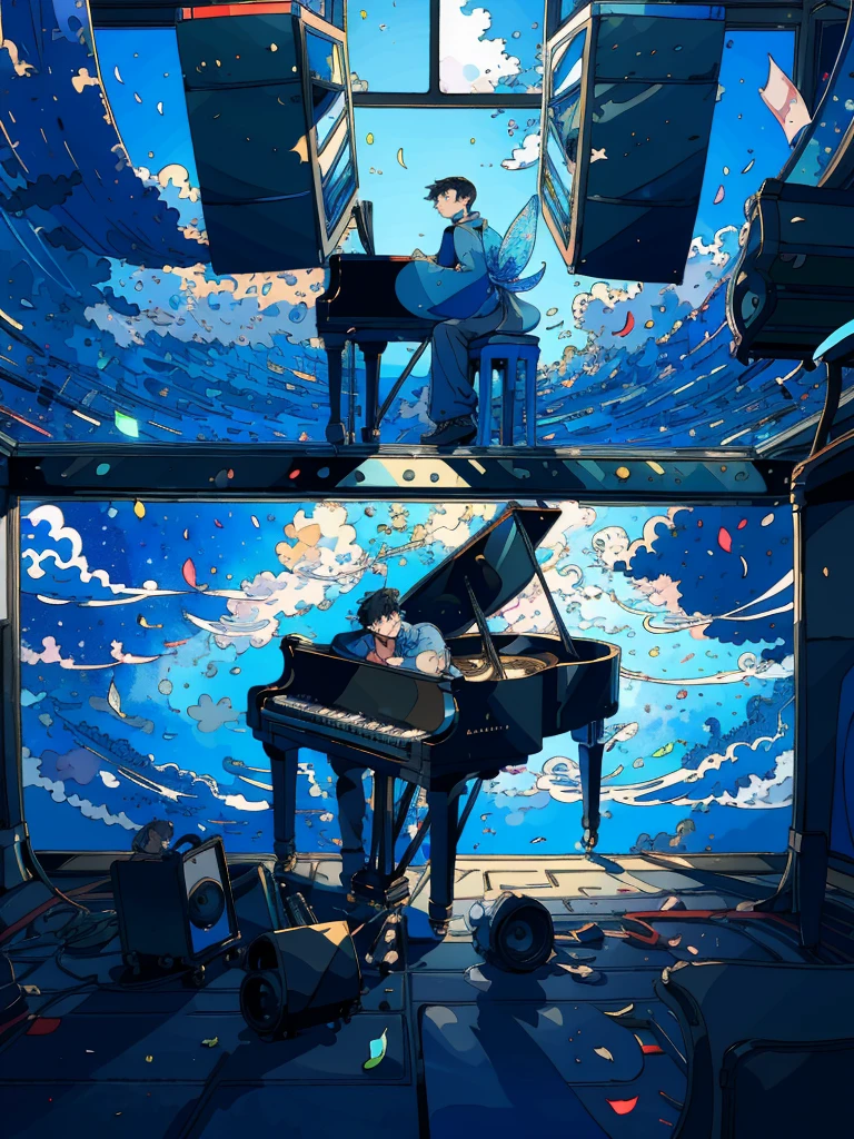 (masterpiece:1.2), best quality,PIXIV,fairy tale style, 18 years old, boy, black hair, blue eyes, indifferent, window, sitting inside of an classroom, With musicians playing piano


