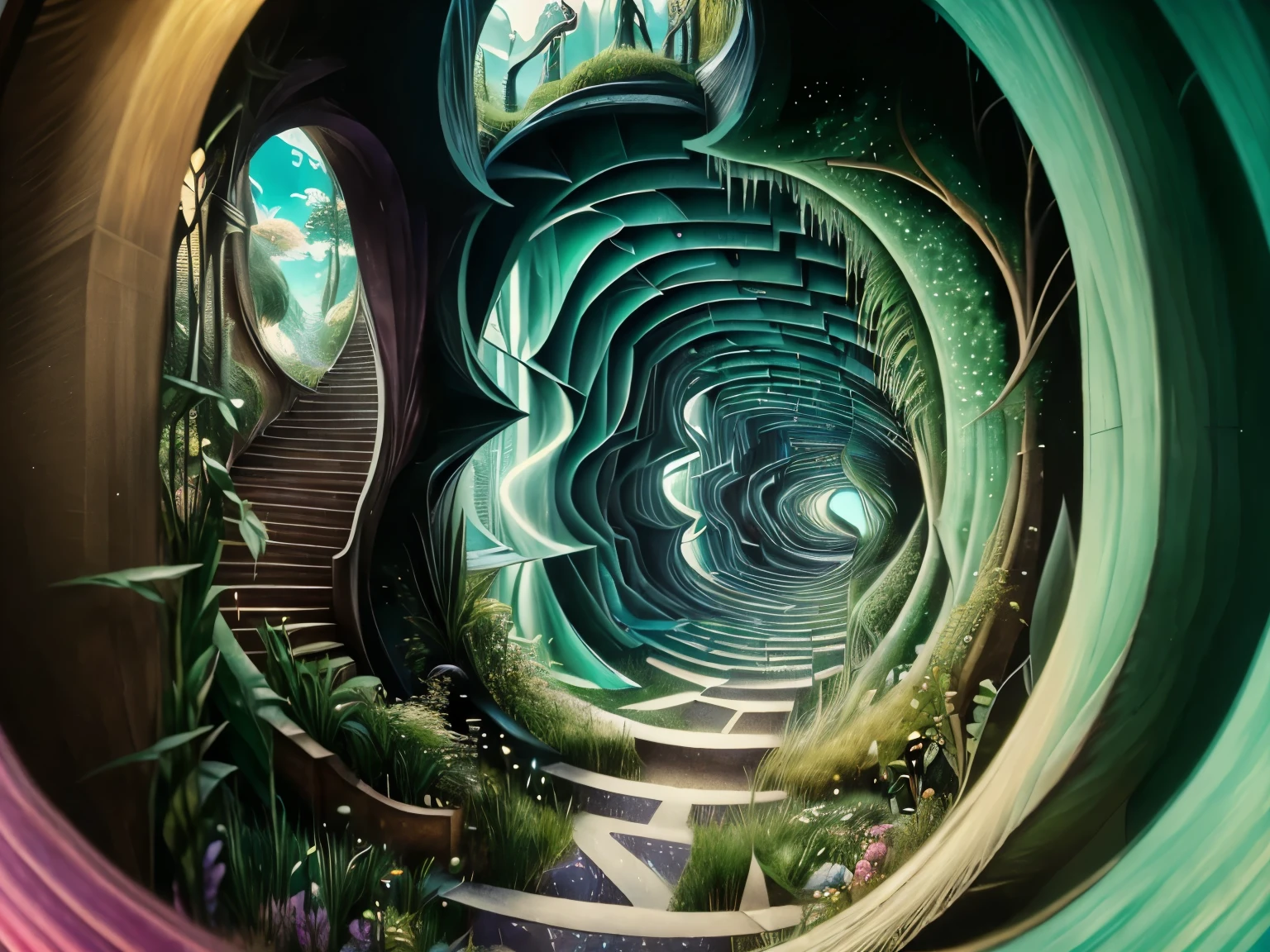 (Surreal,High resolution:1.2),Bright colors,Girl walking through a 3D maze with optical illusion effect,Fine grain,Fresh green,Curved walls,Mystical Path,Winding staircase,Colorful geometry,Gradient Background,Ethereal atmosphere,Change your perspective,Impossible Architecture,Interdimensional portal,Dreamy atmosphere,playful shadows,Aurora,Variegated leaves,Twisted Hallway,An interesting puzzle,Infinite Path,Captivating patterns,Seamless Transitions,wonderful風景,epic adventure,Illuminated by a dazzling light,Wavy shape,Glowing Flower,Distant Horizon,infinite possibilities,Explore and discover,A fascinating world,Otherworldly experience,Brushstrokes of Magic,Incredible Creations,Unlimited imagination,Endless surprises,Magical Journey,wonderful,Whimsical inspiration.