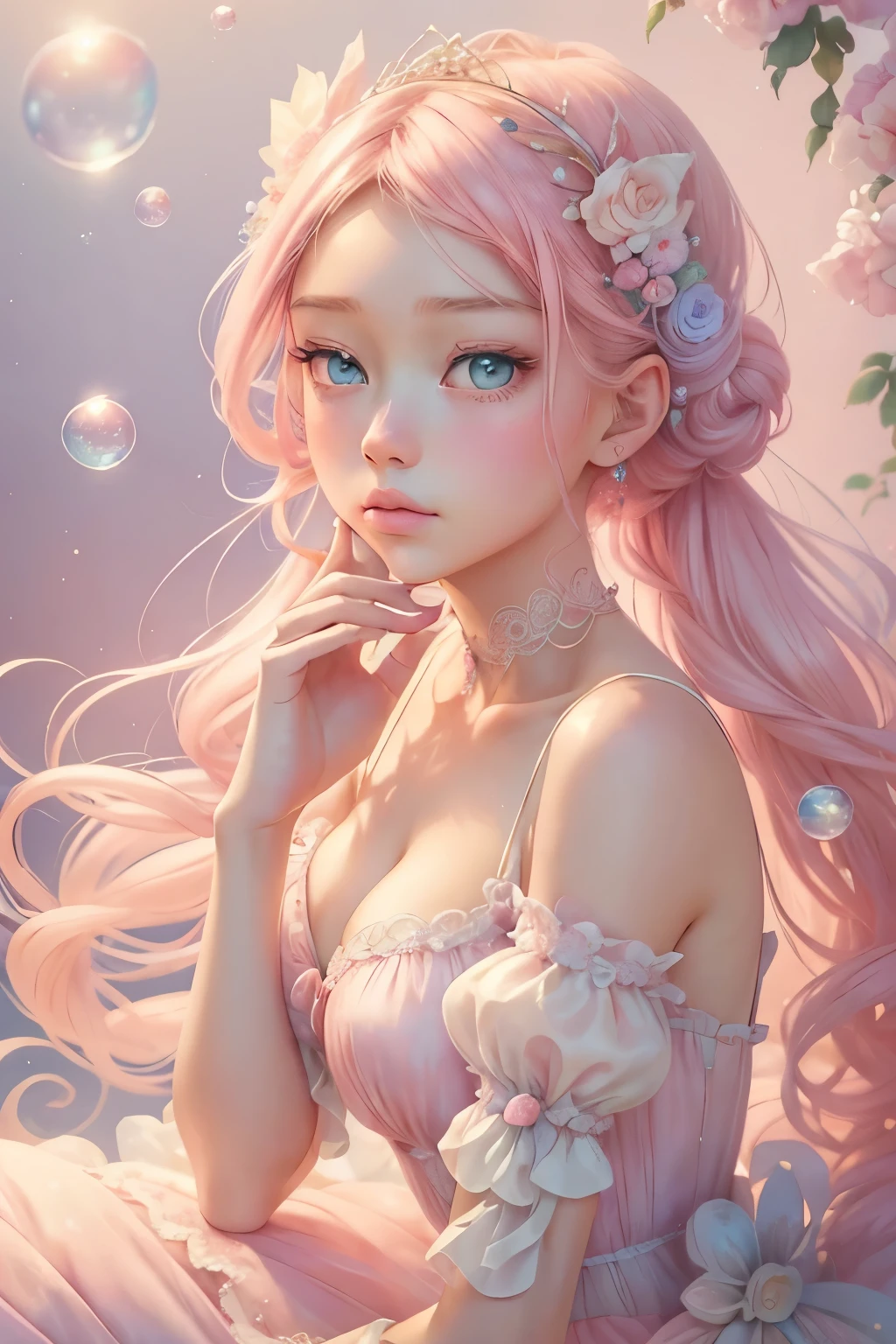 ((masterpiece)). This work is wonderful, dream-like、Fantastic, Soft pink watercolor hues and lots of gorgeous cotton candy accents. Generates delicate and modest English fairies、explore (A colorful bubble gum world in pastel colors). Her sweet face is extremely detailed and realistic with elegant features and a sweet and subtle expression and looks like ((Gigi Hadid)). Include mature features, Swollen lips, And it&#39;s great, Extremely realistic eyes. Her eyes are important、Be realistic, Very detailed, And it&#39;s beautiful. High resolution and detail, Include many details like stars, Milky Way, Colorful bubbles, Colorful petals, And a lot of energy and emotion! Stars and colorful bubblegum bubbles are important! Include fantasy details, Enhanced Details, iris, Colorful sparkling wind, And pollen. Pay special attention to her face、Make sure it&#39;s beautiful and realistic in detail。. The image should be dream-like、Fantastic.8K, Complex, elegant, Very detailed, Majestic, Digital photography