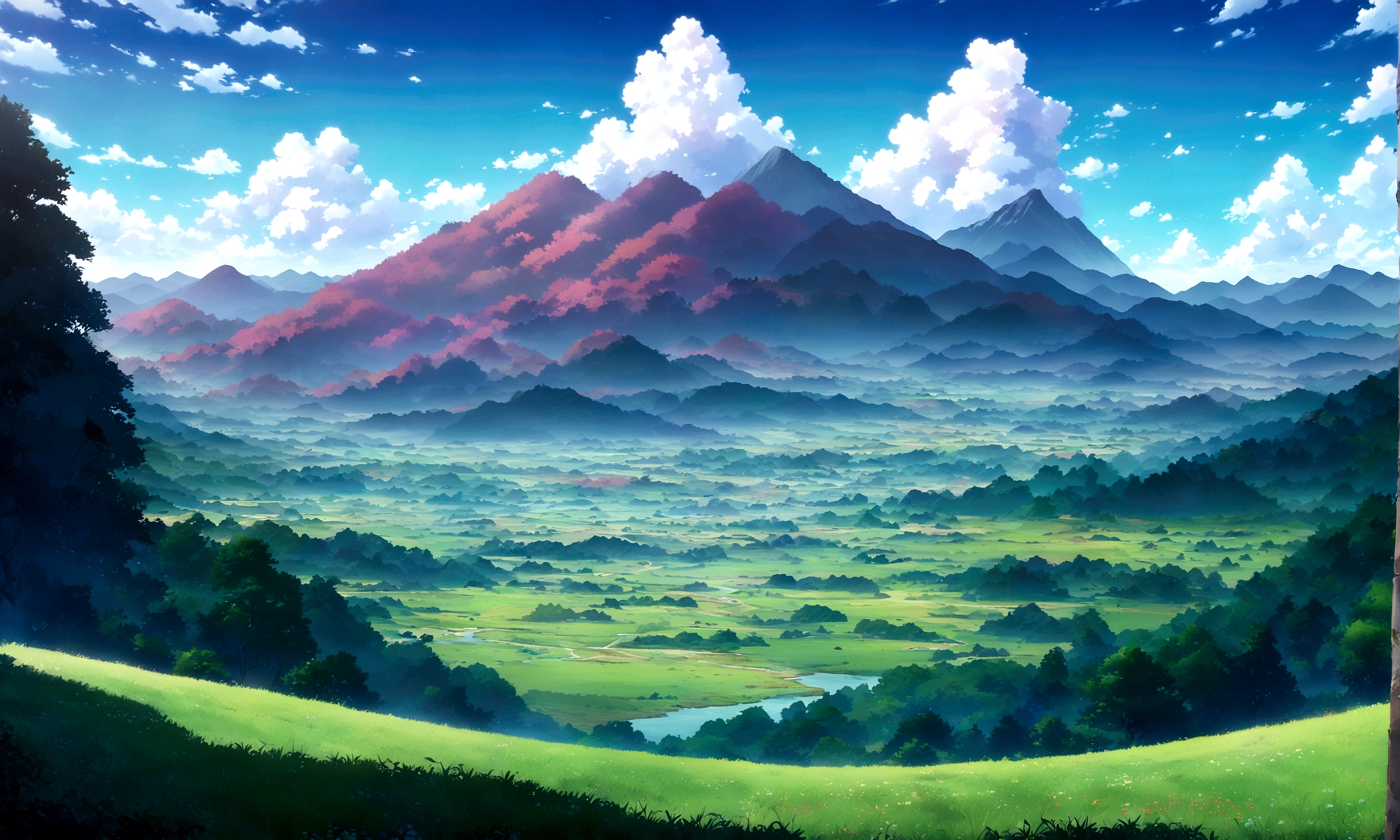 
japanese anime - style painting of beautiful day grassy field,towering mountains in the distance,lush forests, An expansive open field below under blue cloudy skies,anime countryside landscape, anime landscape, anime landscape wallpaper, anime background art, beautiful anime scenery, anime background, anime beautiful peace scene, anime scenery, anime movie background, anime nature, anime scenery concept art, colorful anime movie background, beautiful anime scene, anime scene, beautiful landscape background, anime art wallpaper 8 K beautiful anime scene,anime, 4 K highly detailed digital art