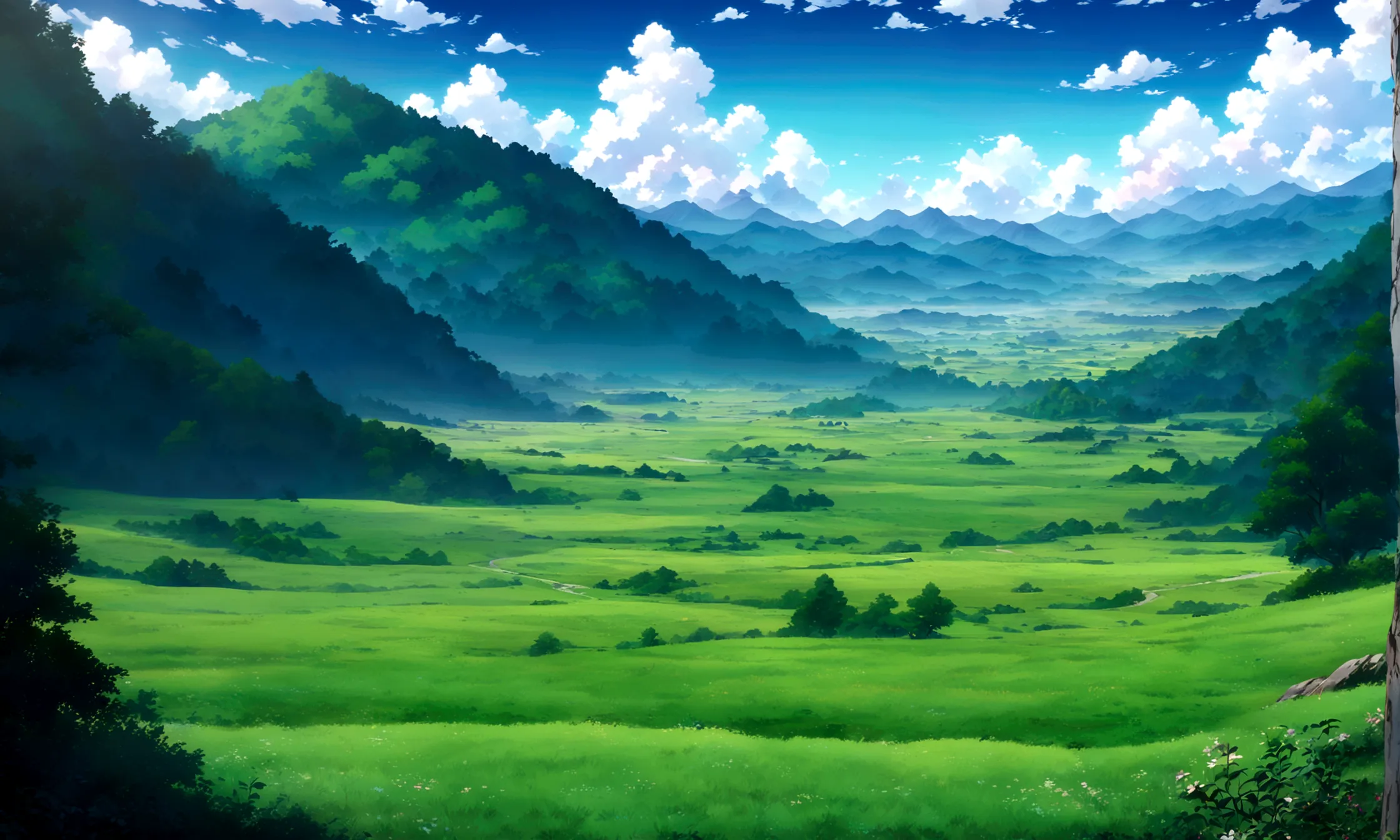 
japanese anime - style painting of beautiful day grassy field,towering mountains in the distance,lush forests, An expansive ope...