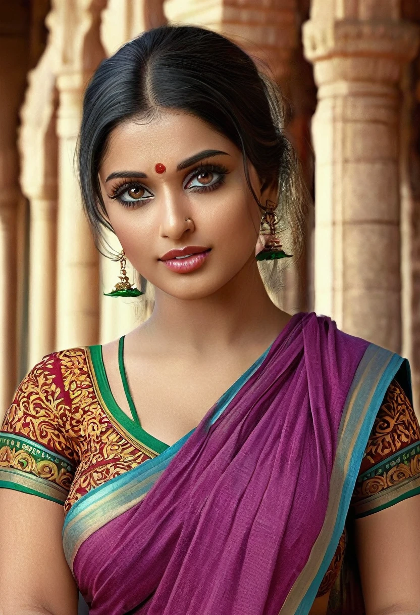 "(best quality,highres), Indian woman at temple, wearing sari, beautiful detailed eyes and lips, long eyelashes, realistic rendering, vibrant hues, high resolution, ultra-detailed, realistic rendering, high-resolution masterpiece, (woman's appearance is curved and attractive), full body.