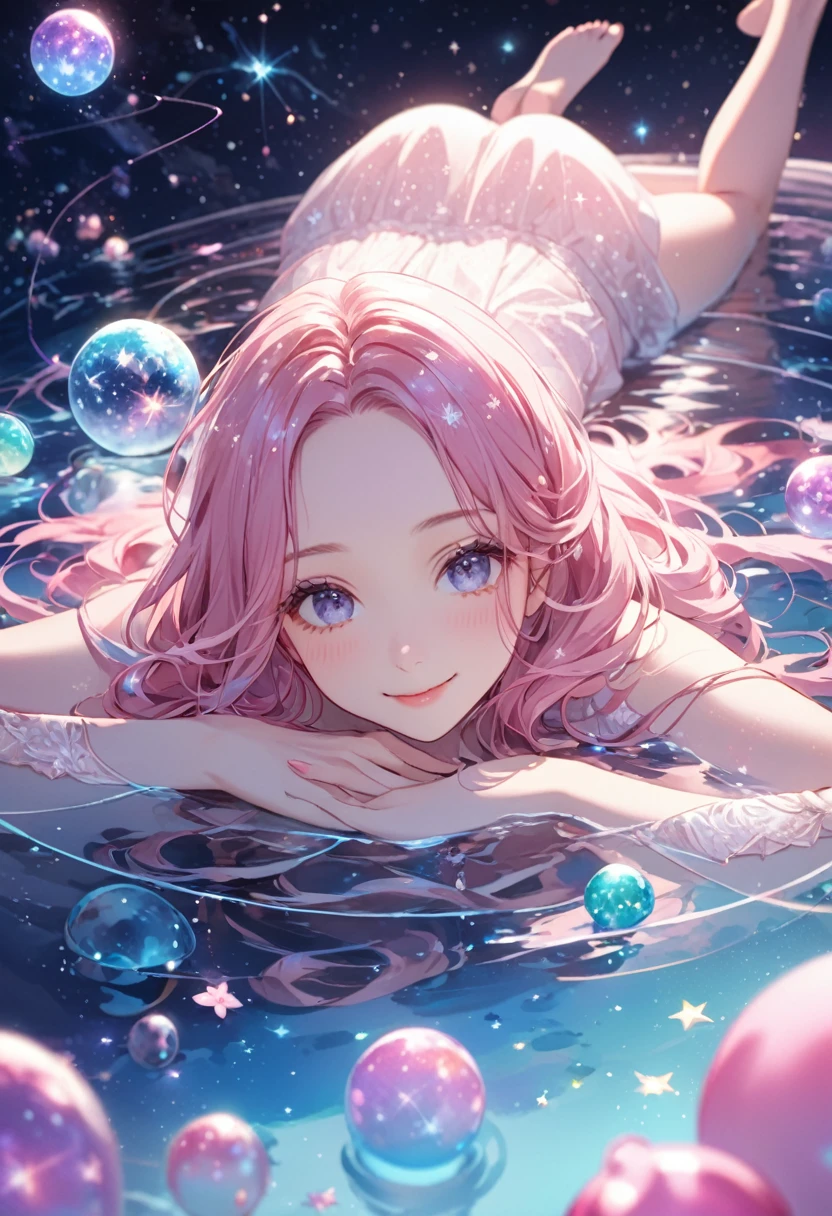 ((ultra detailed face)),Describe a scene in which a beautiful woman character is lying on a water, Look up at the starry sky. Surround her with colorful nebulae and her favorite constellations.(((big smiling))).((forehead)),milky white and pink theme