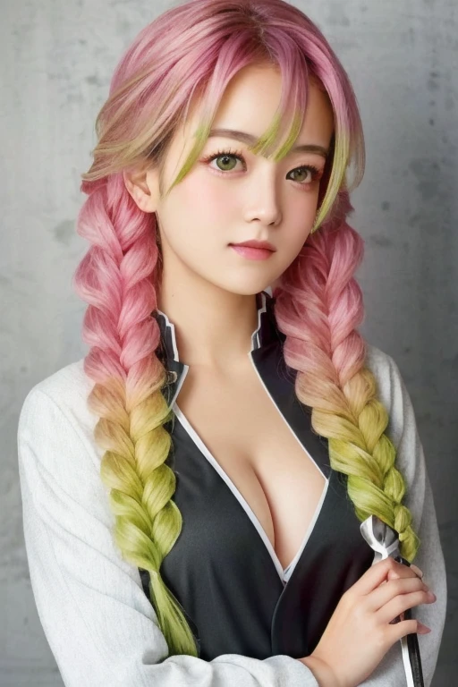 Pink Bikini, One girl, black shirt, View your viewers, Open jacket, alone, with own hands, (masterpiece:1.4), (Highest quality:1.4), Realistic, One girl, Front view, Severe, mitsuri(Demon slayer), bangs, ,Green Hair, Gradient Hair,  Multicolored Hair, White Background, Green Eyes, Twin Blade,  Pink Hair, 