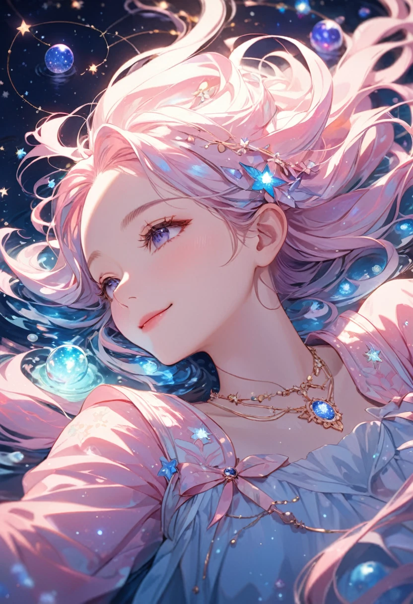 ((ultra detailed face)),Describe a scene in which a beautiful woman character is lying on a water, Look up at the starry sky. Surround her with colorful nebulae and her favorite constellations.(((big smiling))).((forehead)),milky white and pink theme