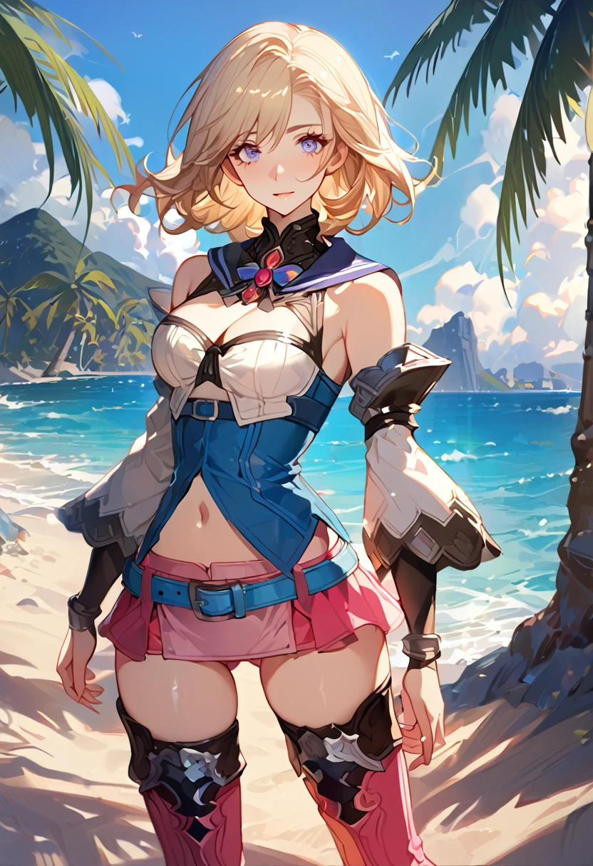 masterpiece, best quality, 8k, 4k, 1girl, ashelia final fantasy xii, Ashelia, medium hair, blonde hair, blue eyes, detached sailor like collar, brooch, white shirt, cleavage, midriff, detached sleeves, bracer, black on top of blue corset, pink skirt, microskirt, pink skirt, pink tight skirt, blue belt, thigh boots, slim body, looking at viewer, standing nicely, wind blowing, finely detailed eyes and detailed face, face detailed, hair detailed, clothes detailed, ((high quality)), extreme detail, beach sand, palm tree, calm water, high hills overlooking the sea, hollowed hills,  inspired by Asukaziye artist : ask, art style : ask