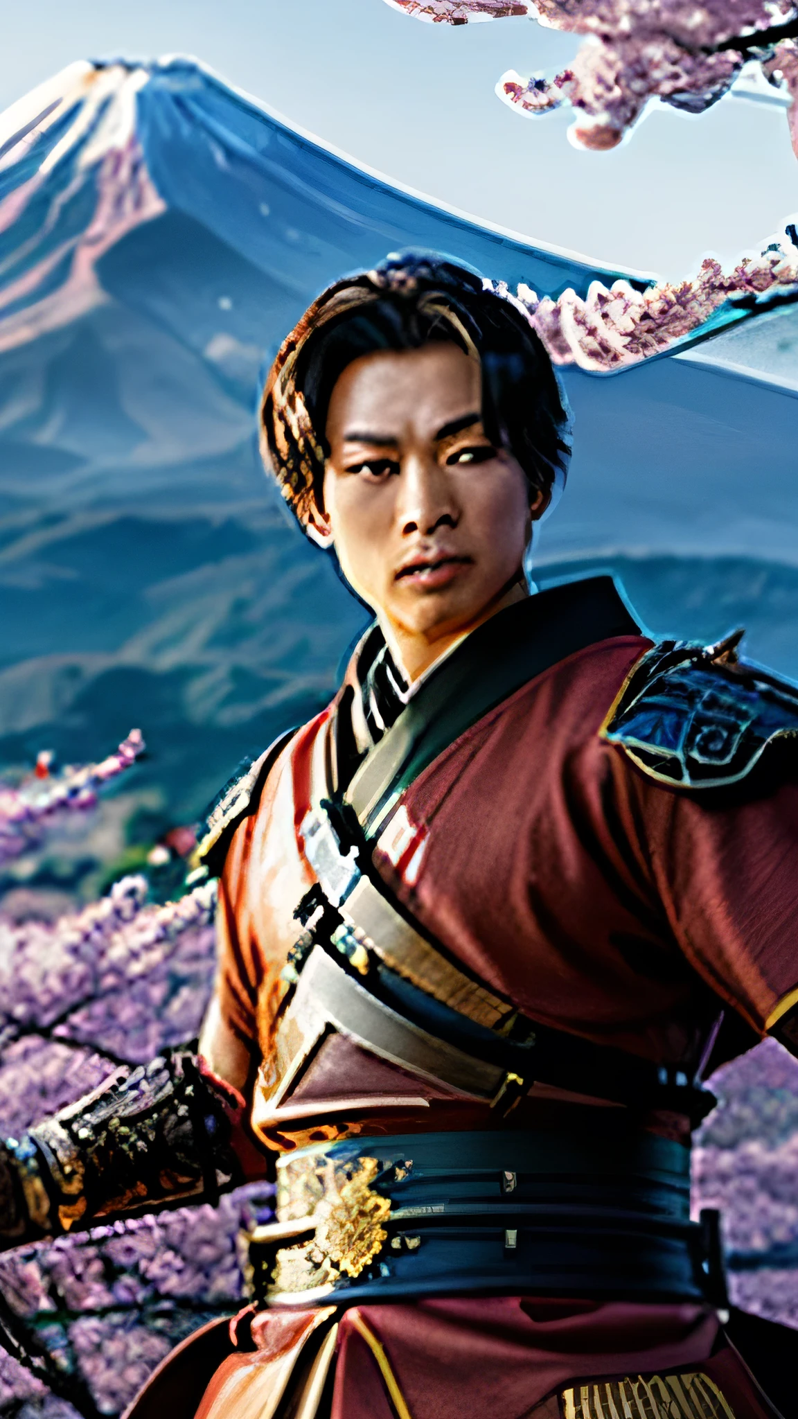 super fine illustration, top quality, Japanese hero, inspired by history, samurai armor, detailed attire, holding katana, dynamic pose, vibrant colors, background of historical landmarks, cherry blossoms, Mount Fuji, dramatic lighting, traditional atmosphere, intricate details, realistic style, heroic presence, symbols of honor, historical elements, powerful imagery, cultural richness