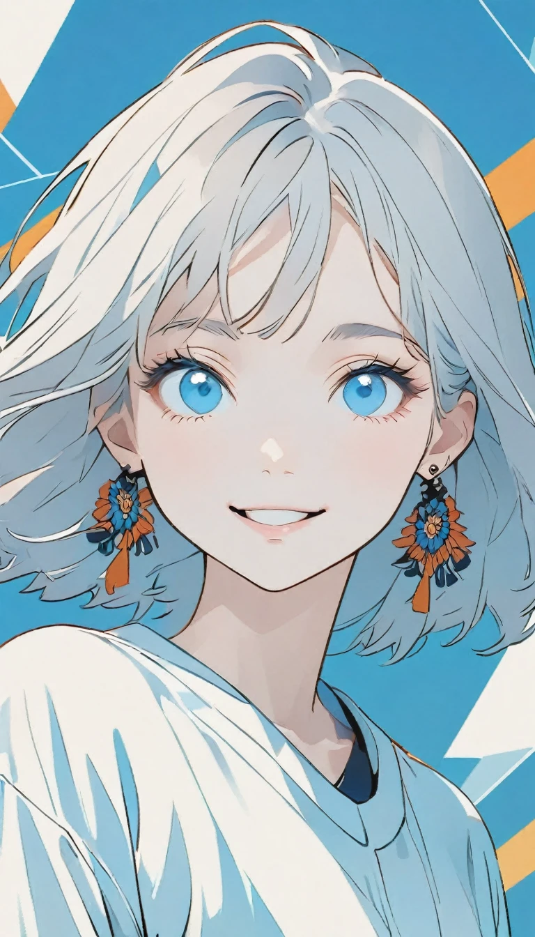 Minimalist，Stylish girl，Gray Hair，Blue background，Wear special earrings，Bohemian style，Defined eyelashes，Bright Blue Eyes，Clean and transparent eyes，close，Smiling face flat illustration，geometry，clean，Japanese Manga