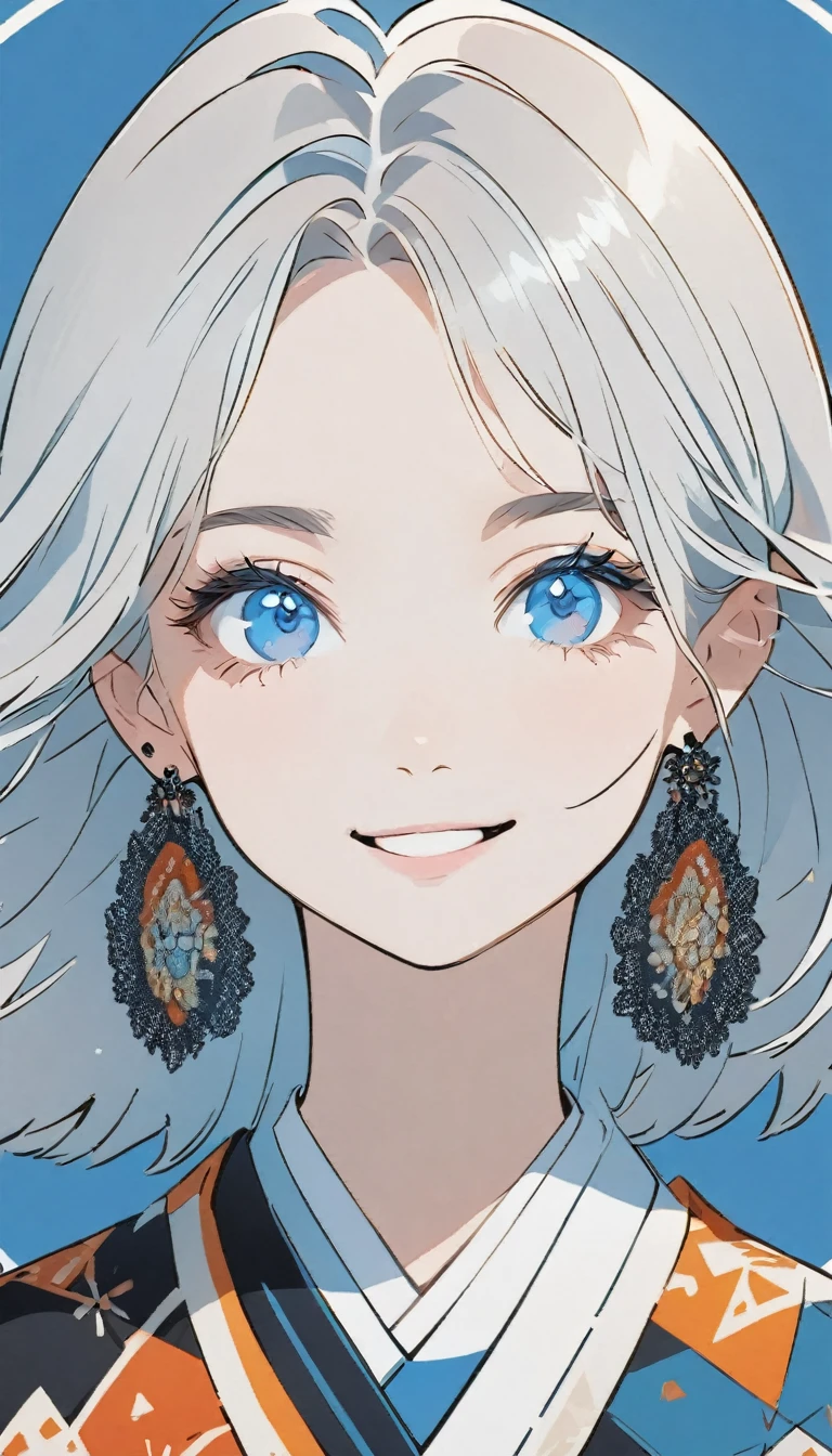 Minimalist，Stylish girl，Gray Hair，Blue background，Wear special earrings，Bohemian style，Defined eyelashes，Bright Blue Eyes，clean通透的眼珠，close，Smiling face flat illustration，geometry，clean，Japanese Manga