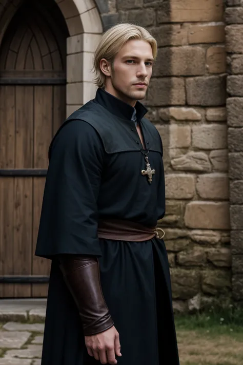 raw photo of beautiful handsome men blonde hair ,solo ,castle ,medieval