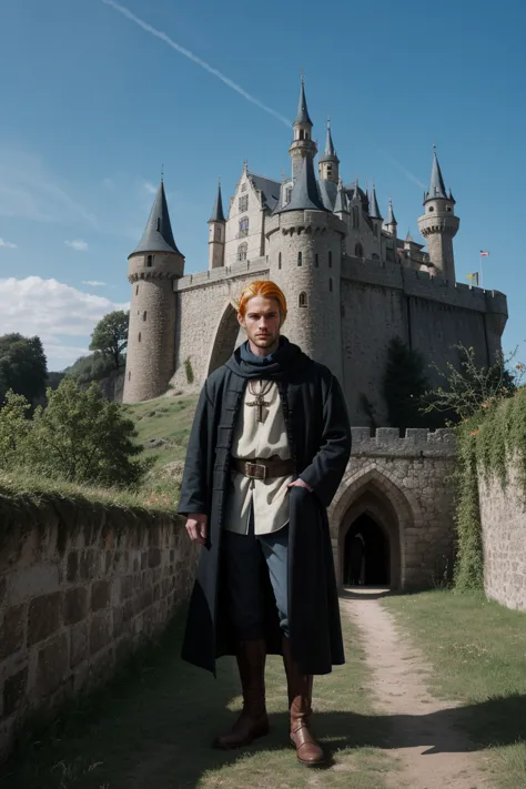 raw photo of beautiful handsome men blonde hair ,solo ,castle ,medieval