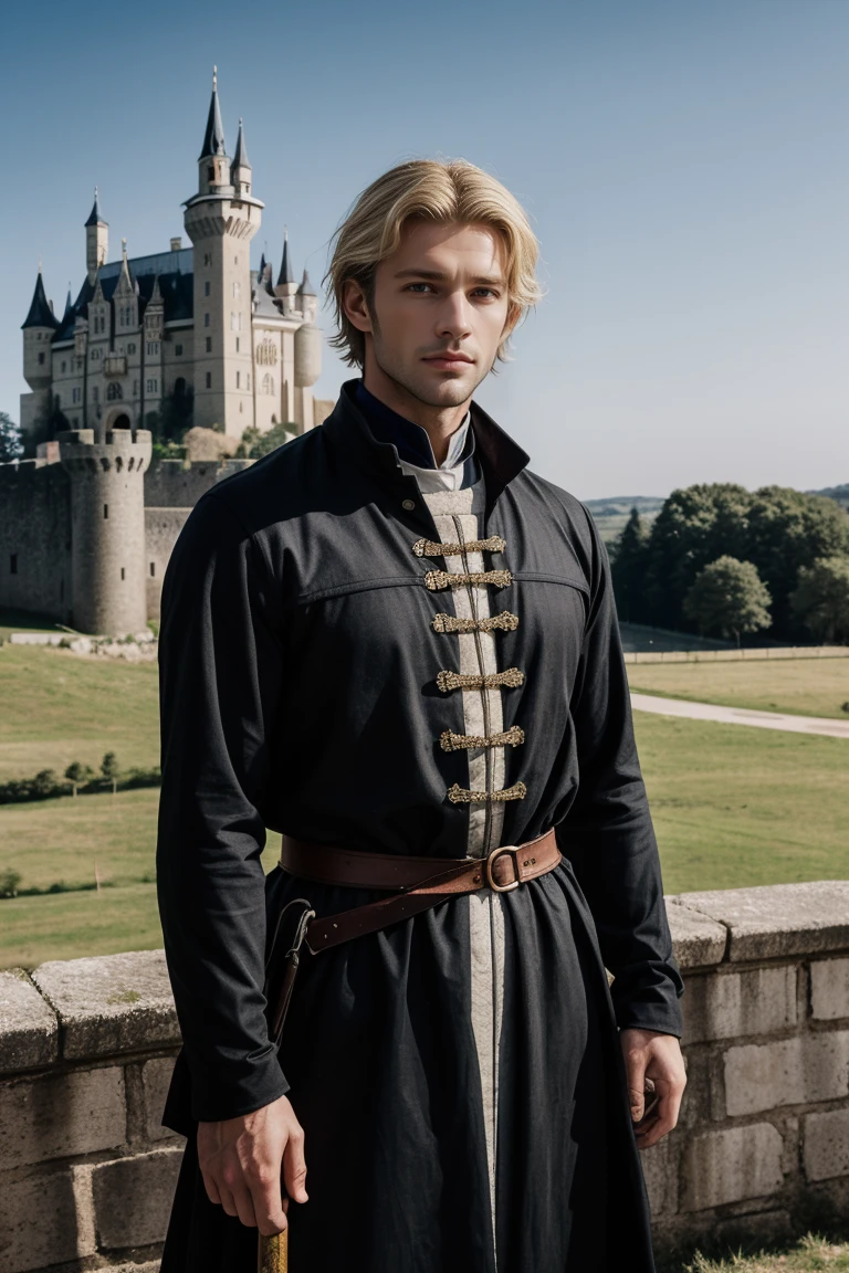 raw photo of beautiful handsome men blonde hair ,solo ,castle ,medieval 
