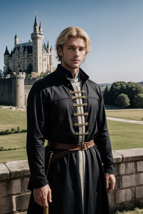 raw photo of beautiful handsome men blonde hair ,solo ,castle ,medieval