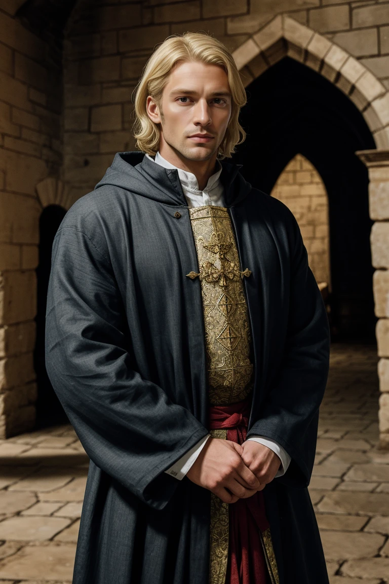 raw photo of beautiful handsome men blonde hair ,solo ,castle ,medieval 
