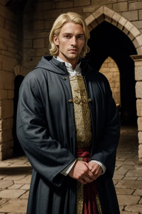 raw photo of beautiful handsome men blonde hair ,solo ,castle ,medieval