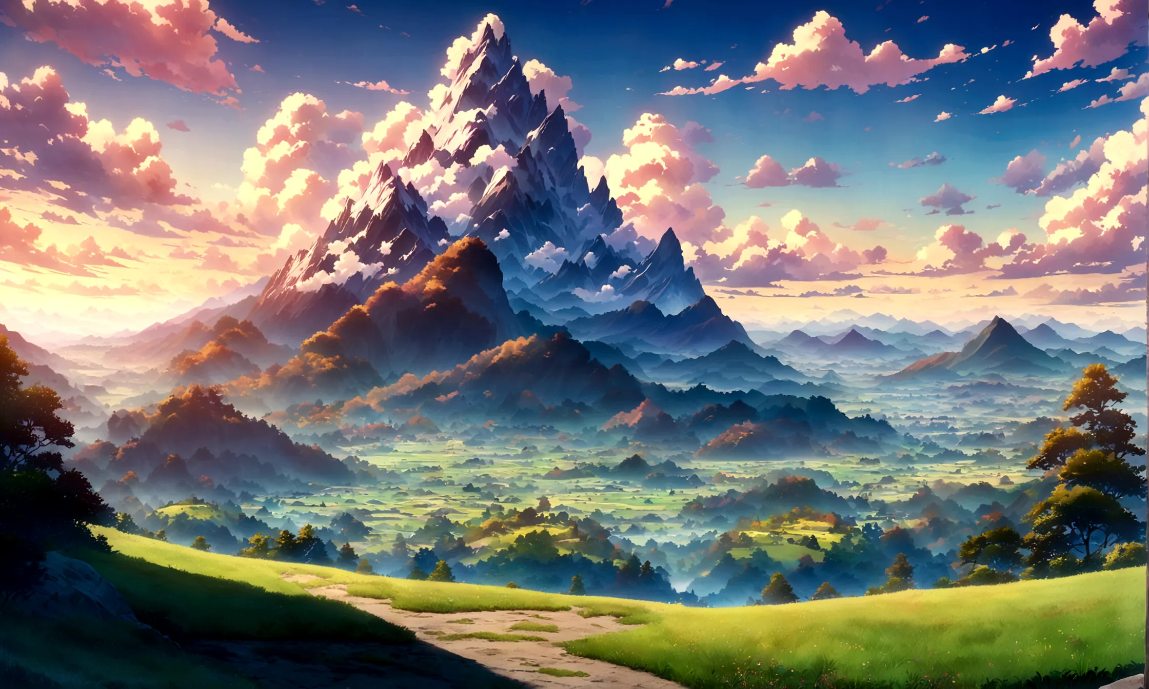 
japanese anime - style painting of a beautiful day grassy field with towering mountains , blue cloudy sky,anime countryside lan...