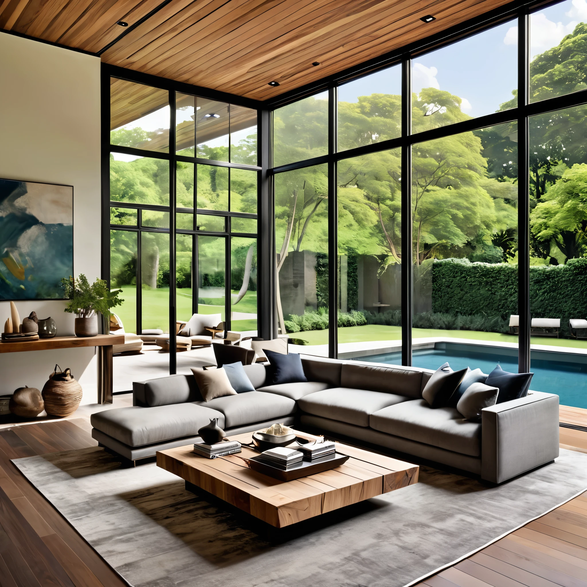 Design a luxurious and modern living room with large floor-to-ceiling windows that offer a stunning view of an outdoor pool and garden. The room should feature a long, comfortable gray sofa adorned with various pillows, a unique wooden coffee table with a natural, rustic finish, and a sleek, dark rug. The walls should be decorated with minimalist artwork, and there should be a stylish blend of natural and contemporary elements throughout the space. Ensure ample natural light floods the room, creating a bright and inviting atmosphere.