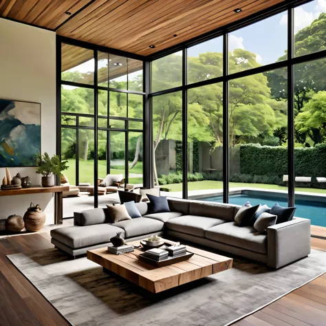 Design a luxurious and modern living room with large floor-to-ceiling windows that offer a stunning view of an outdoor pool and ...