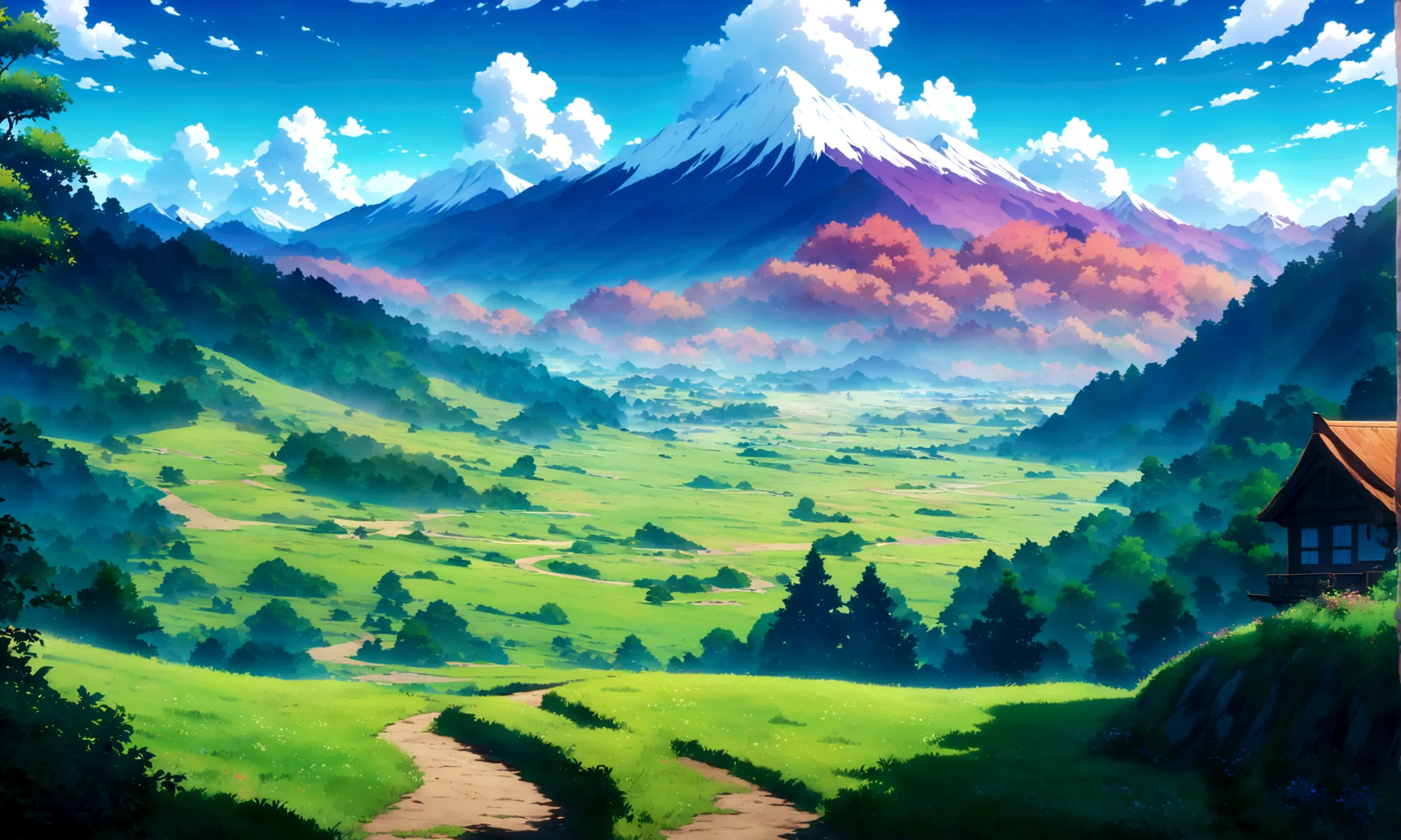 
japanese anime - style painting of a beautiful day grassy field with mountains , blue cloudy sky,anime countryside landscape, a...