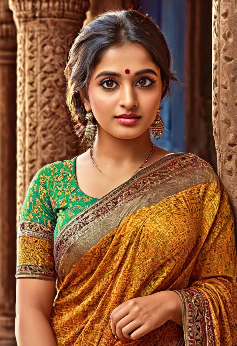 "(best quality,highres), Indian woman at temple, wearing sari, beautiful detailed eyes and lips, long eyelashes, realistic rendering, vibrant hues, high resolution, ultra-detailed, realistic rendering, high-resolution masterpiece, (woman's appearance is curved and attractive), full body.