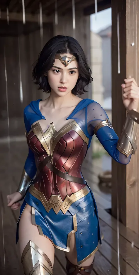 18 year old girl, Wonder Woman suit, short curly hair, blonde hair, beautiful face, rain, roof, masterpiece, exquisite details, ...