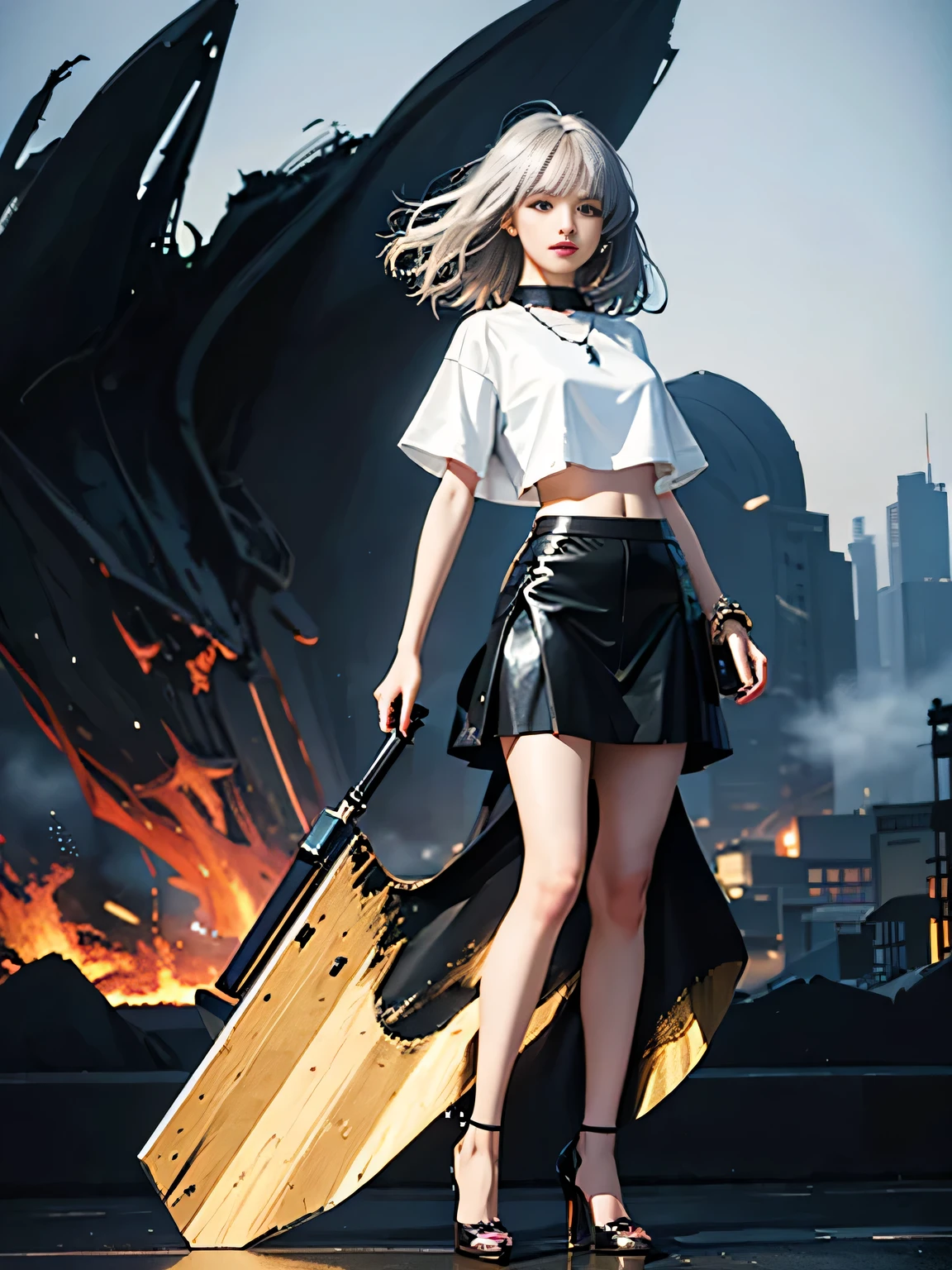 1 girl、long legs,Silver Hair、Dark brown eyes、Shining Eyes、Crop top、mini skirt、Parted lips、1woman wearing trendy clothes, in an abstract oil painting style, fashion show, The painting is ultra-high detailed and has a resolution of 8k, showcasing the best quality and craftsmanship,with a touch of fog, creating a mysterious atmosphere , luminous design, vivit colours,spring lights,Artistic,azure, red, (Bare legs:1.1), (black high heels), black short skirt