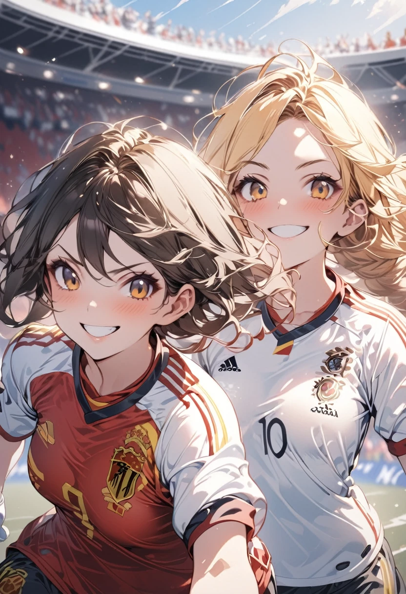 (award winning, 8k, super detailed, high resolution, best quality) , illustration about football, (two girls), girl on the left with blonde hair in ((spain soccer uniform)) and smirk expression, girl on the right with black hair in ((germany soccer uniform)) and (timid expression), (running side by side), ((beautiful girls)), football stadium, competitive spirit atmosphere.