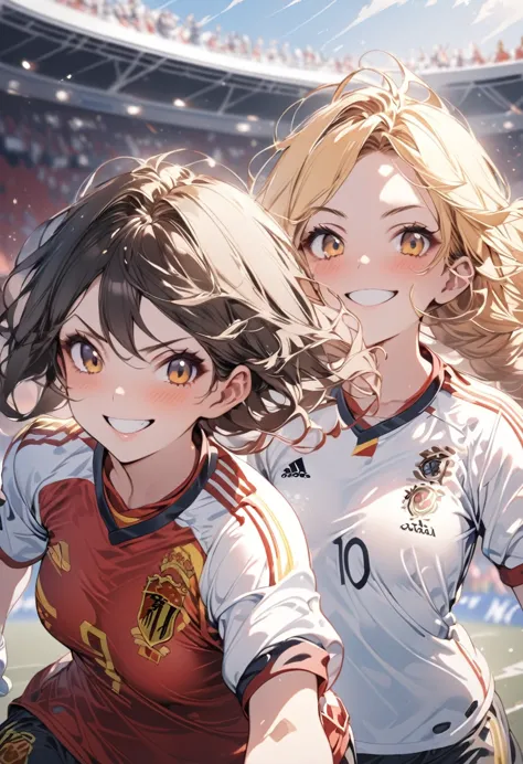 (award winning, 8k, super detailed, high resolution, best quality) , illustration about football, (two girls), girl on the left ...