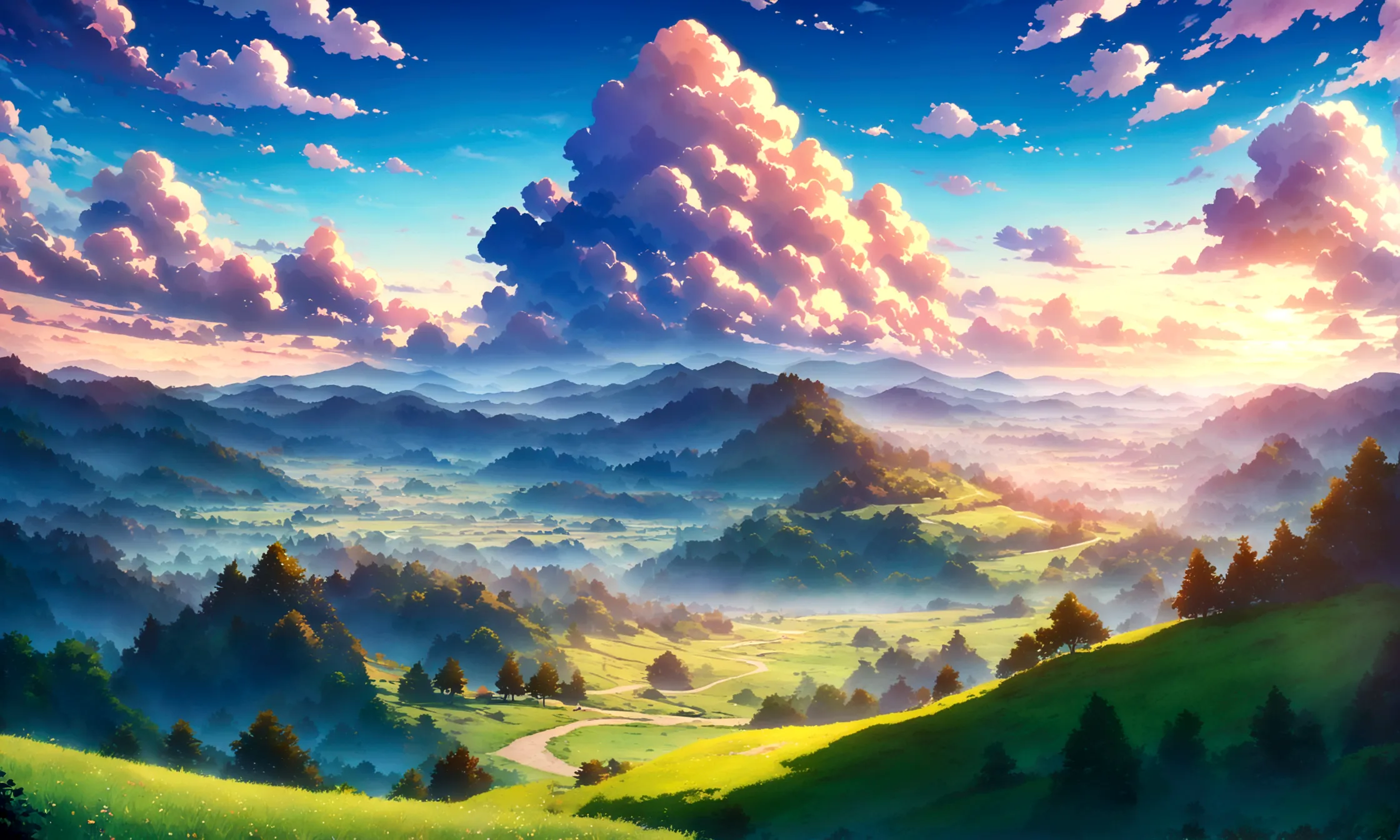 anime - style painting of a grassy field, anime countryside landscape, anime landscape, anime landscape wallpaper, anime backgro...