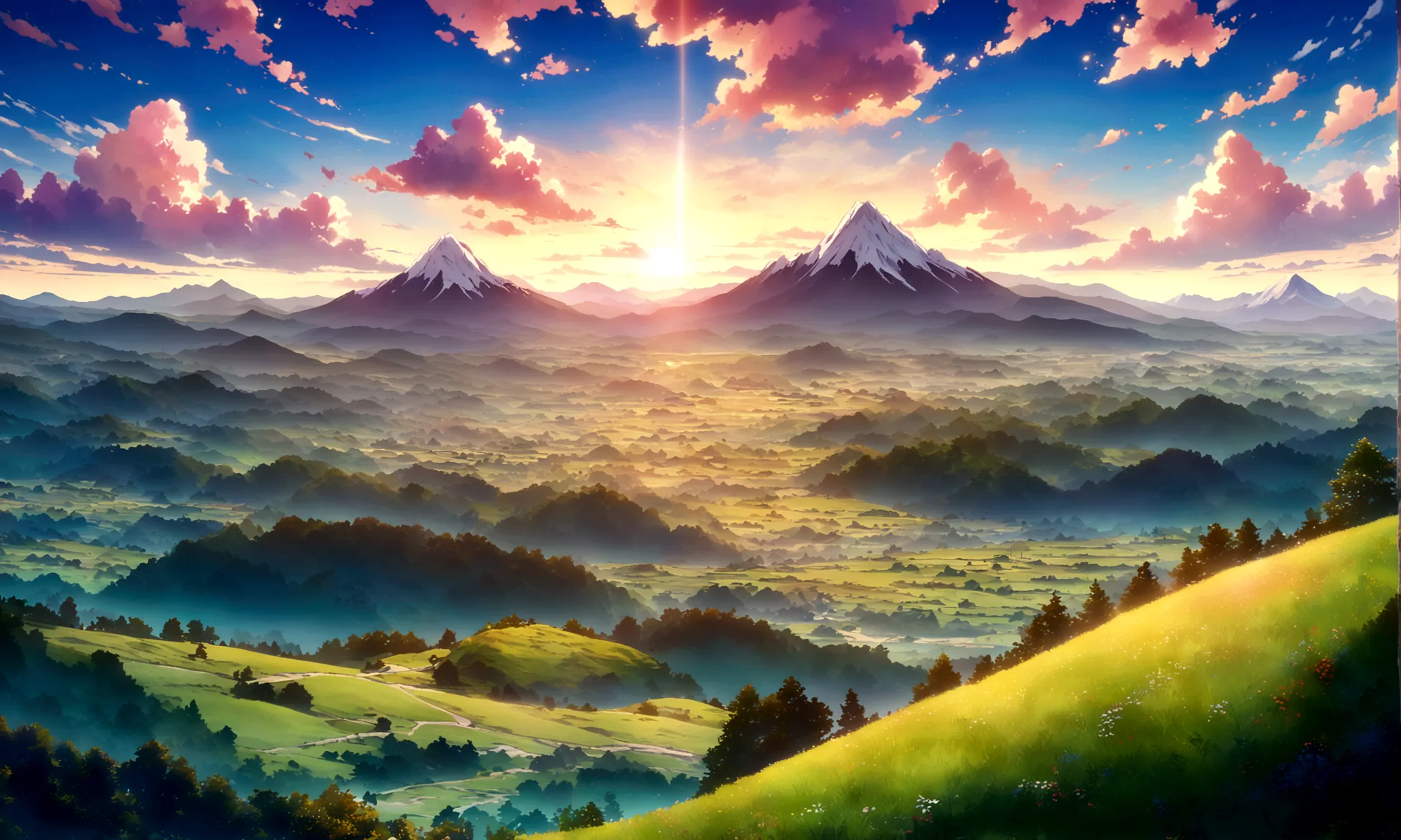 anime - style painting of a grassy field, anime countryside landscape, expensive mountains,anime landscape, anime landscape wall...