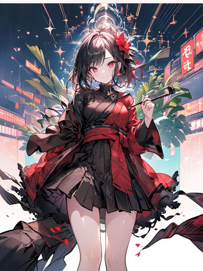 (masterpiece, Highest quality, Highest quality, (No text), beautifully、aesthetic:1.2),No text,anime、 High resolution　break,One Girl，Short black hair　Tree Eyes　Beautiful Eyes　Red eyes　beautiful girl　nice　smile　Black coat　mini skirt　Whole body　Night view　Detailed eyes and face