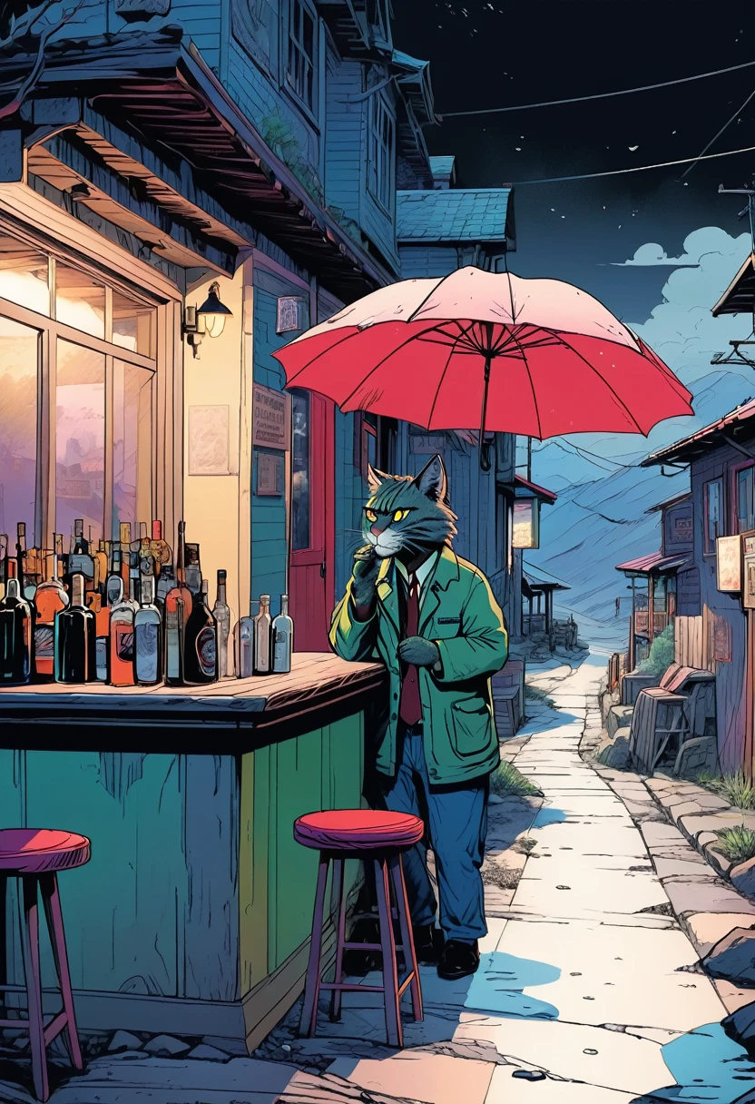 A bar in a remote mountain area run by a wildcat monster.、A bartender smoking a cigarette under an umbrella at the back door、ultra-realistic、8k、Very detailed、Dramatic lighting、Exquisite detail、cinematic、Gloomy atmosphere、Dark and gritty、Sharp focus、cinematic照明、Realistic、Very detailedな、masterpiece、Very detailedな、Very high quality、Realistic texture、Exact details、Bright colors、Intense shadows and highlights、Calm colors、Dramatic contrast、cinematic構成、Professional Quality