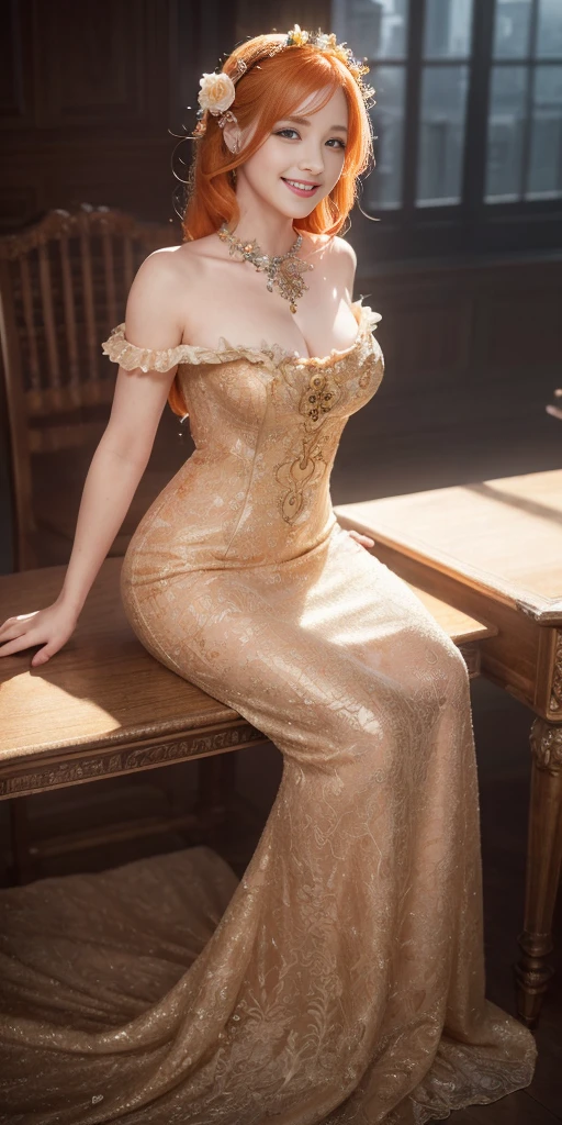 (masterpiece:1.4), (best quality:1.4), fantasy, extremely detailed, intricate, hyper detailed, illustration,soft lighting, 1girl, Orange hair_flower, dress, bend_over , grin, (perfect_face), sitting, desk, ornate, intricate, dramatic lighting, 4k, detailed_background, caustics, full_body, digital_illustration, from_side 