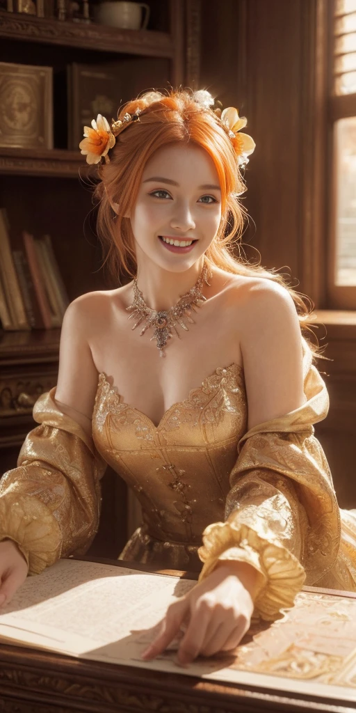 (masterpiece:1.4), (best quality:1.4), fantasy, extremely detailed, intricate, hyper detailed, illustration,soft lighting, 1girl, Orange hair_flower, dress, bend_over , grin, (perfect_face), sitting, desk, ornate, intricate, dramatic lighting, 4k, detailed_background, caustics, full_body, digital_illustration, from_side 