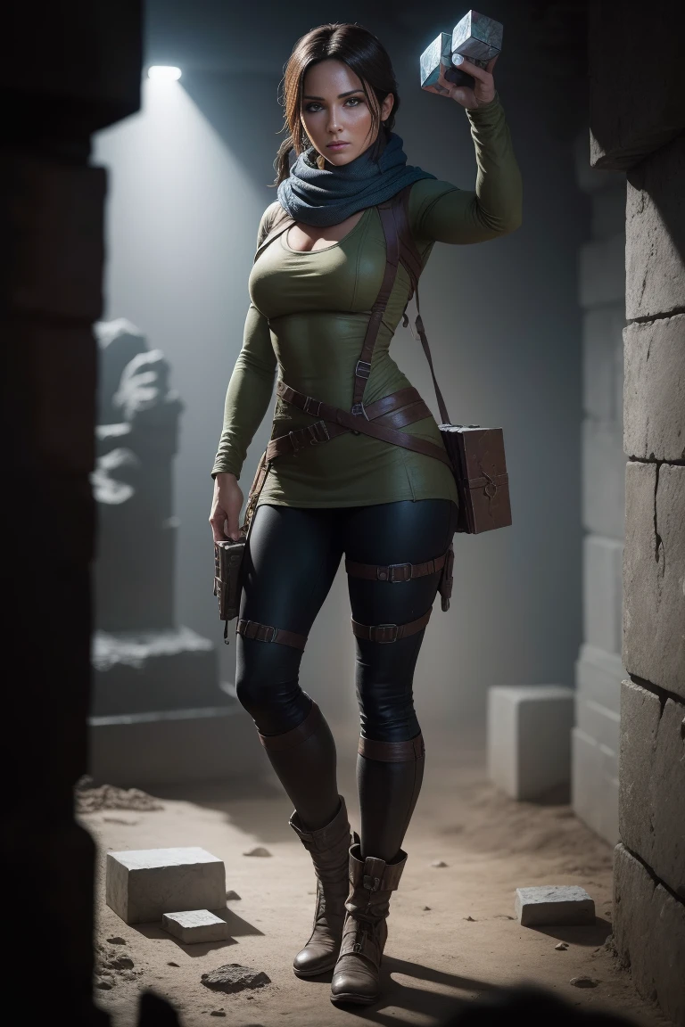 Lara Croft holding a metal hexagon cube with ancient drawings in her hands, standing in a Tomb, dark lighting, underground Tomb, perfect anatomy, beautiful face, perfect hands, broken statues in the background, wearing a dark coat and a scarf, DLSR, sharp focus, soft lighting, perfect face, ultra detailed face, perfect brown eyes, beautiful face
