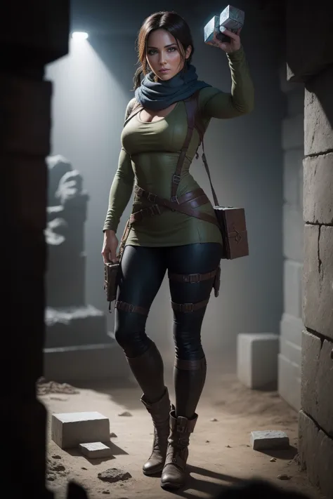 Lara Croft holding a metal hexagon cube with ancient drawings in her hands, standing in a Tomb, dark lighting, underground Tomb,...