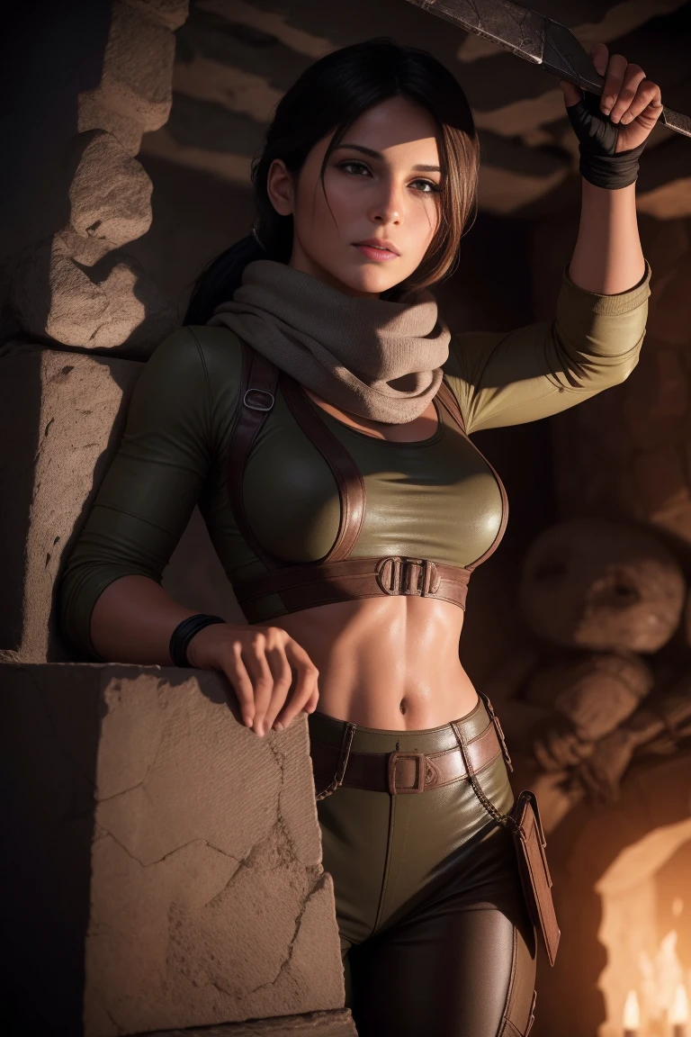 Lara Croft sosteniendo en sus manos un cubo hexagonal de metal con dibujos antiguos, de pie en una tumba, iluminación oscura, tumba subterránea, anatomía perfecta, Hermoso rostro, manos perfectas, estatuas rotas en el fondo, usando un abrigo oscuro y una bufanda, dlsr, enfoque nítido, iluminación suave, cara perfecta, cara ultra detallada, OJOS MARRONES PERFECTOS, Hermoso rostro
