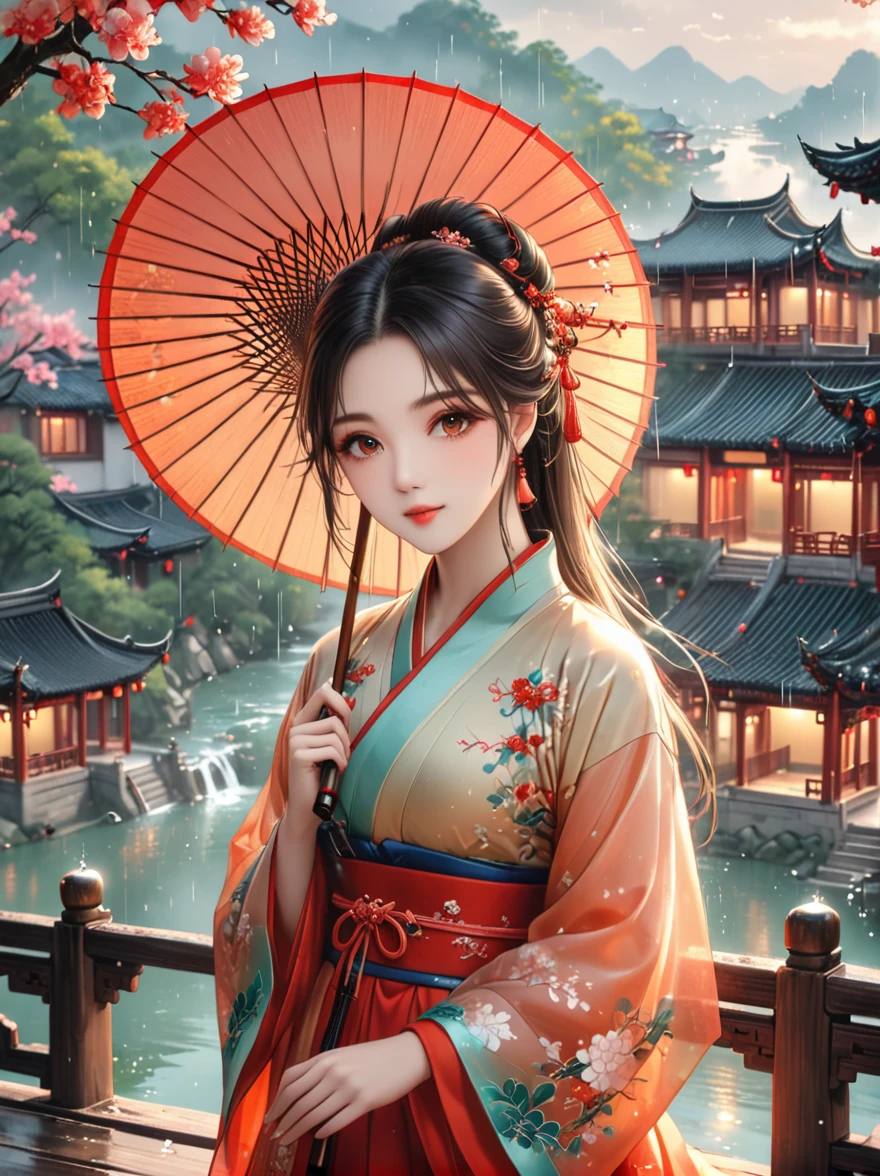 (Best quality，8k，high resolution，masterpiece:1.2)，Ultra Detail，(Girl holding an oil-paper umbrella:1.3)，(Oil-paper umbrella:1.5)，(Girls Focus)，(Close shot)，(beautydelicate eyes，beautydelicate lips，Extremely detailed eyes and face，Long eyelashes)，Stand on a small bridge，Running Water，Ancient Town，Jiangnan Scenery，antique，Spring rain，light rain，beauty，Traditional Chinese Hanfu，Chinese Architecture，illustration，The image is bright，rich and colorful，Fine details