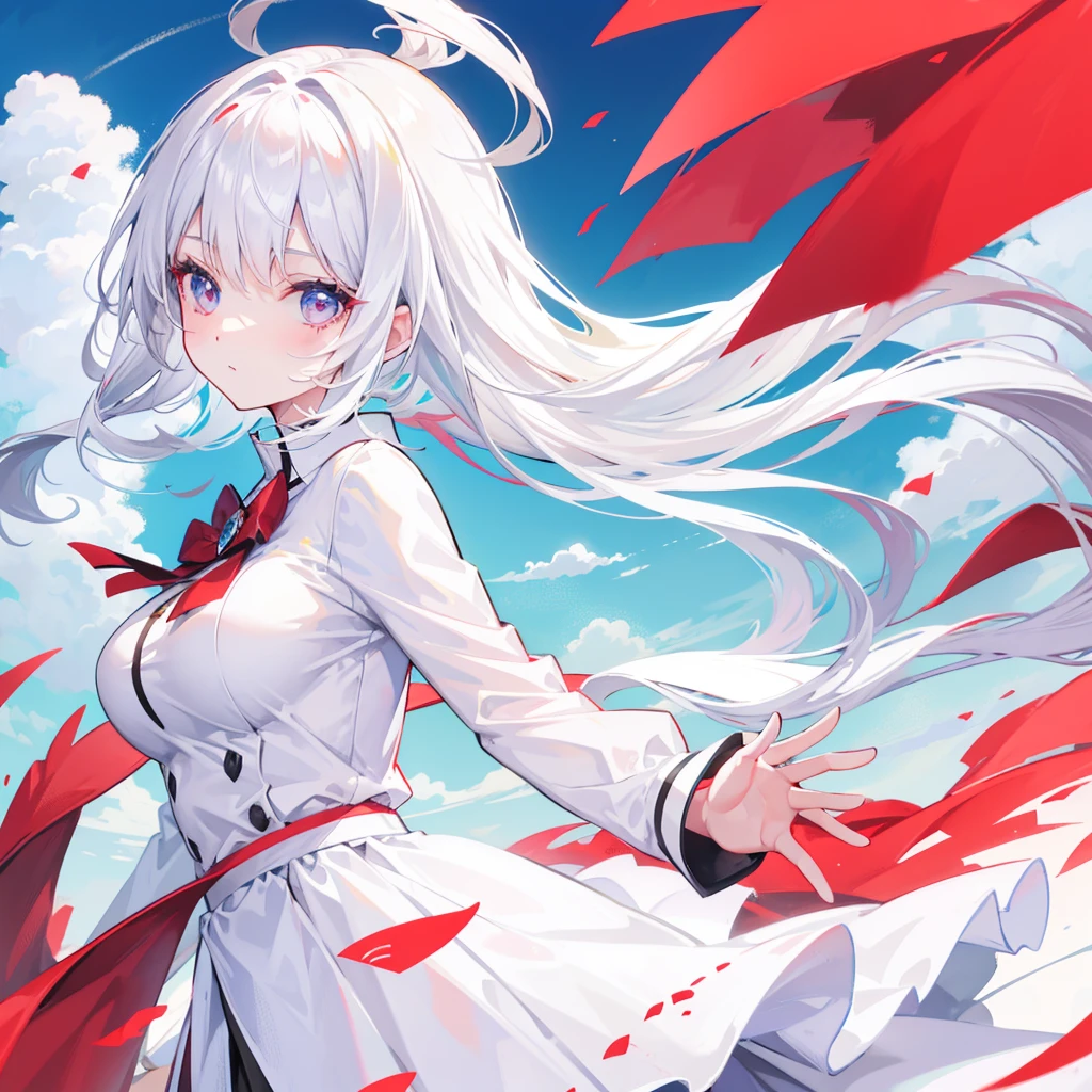 4K, Highest quality, Female student, White Hair, Medium length hair, Red colored eyes, Sky blue shirt, White Dress，Anime Big Tits,Don&#39;t show your hands