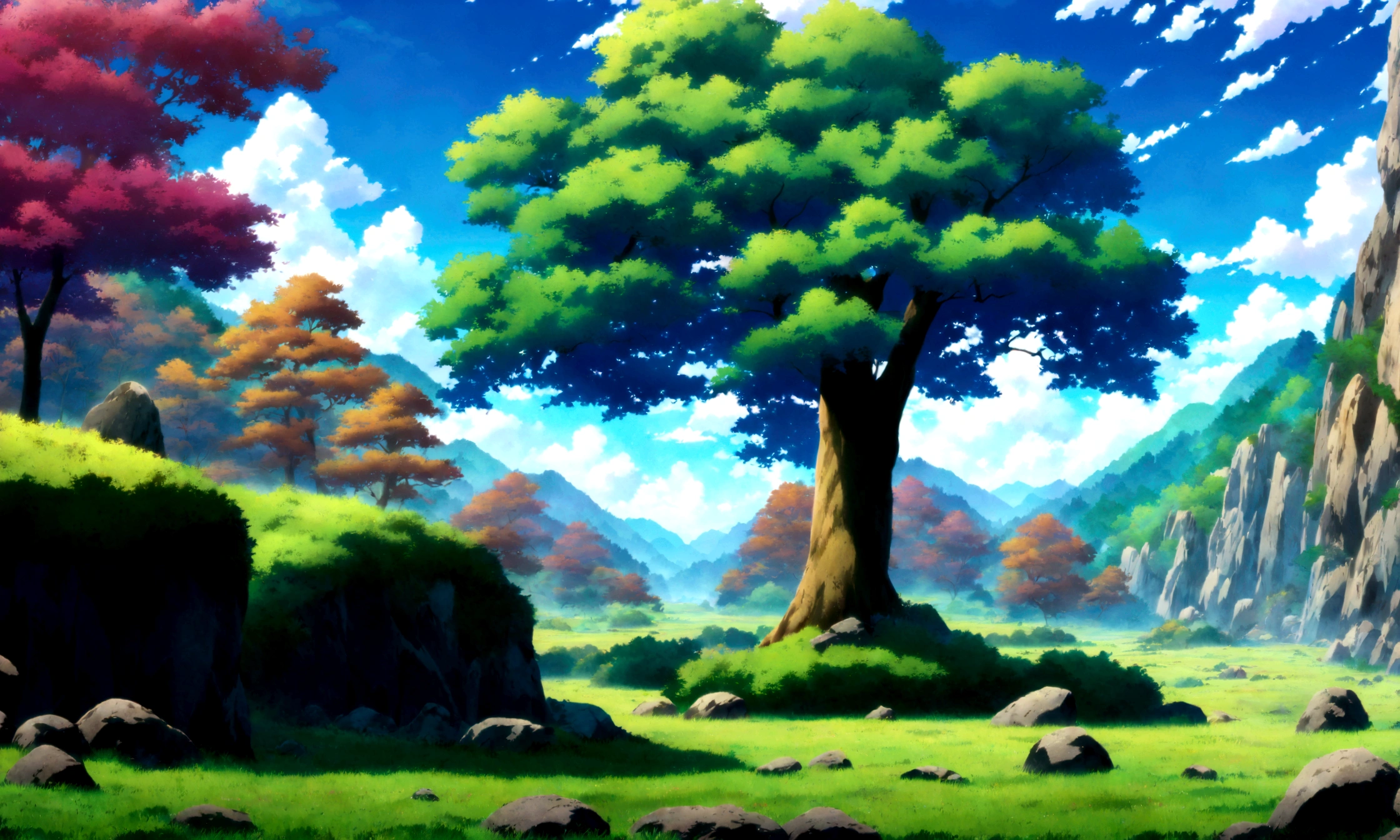 
anime - style painting of a tree in a grassy field with rocks, anime countryside landscape, anime landscape, anime landscape wallpaper, anime background art, beautiful anime scenery, anime background, anime beautiful peace scene, anime scenery, anime movie background, anime nature, anime scenery concept art, colorful anime movie background, beautiful anime scene, anime scene, beautiful landscape background