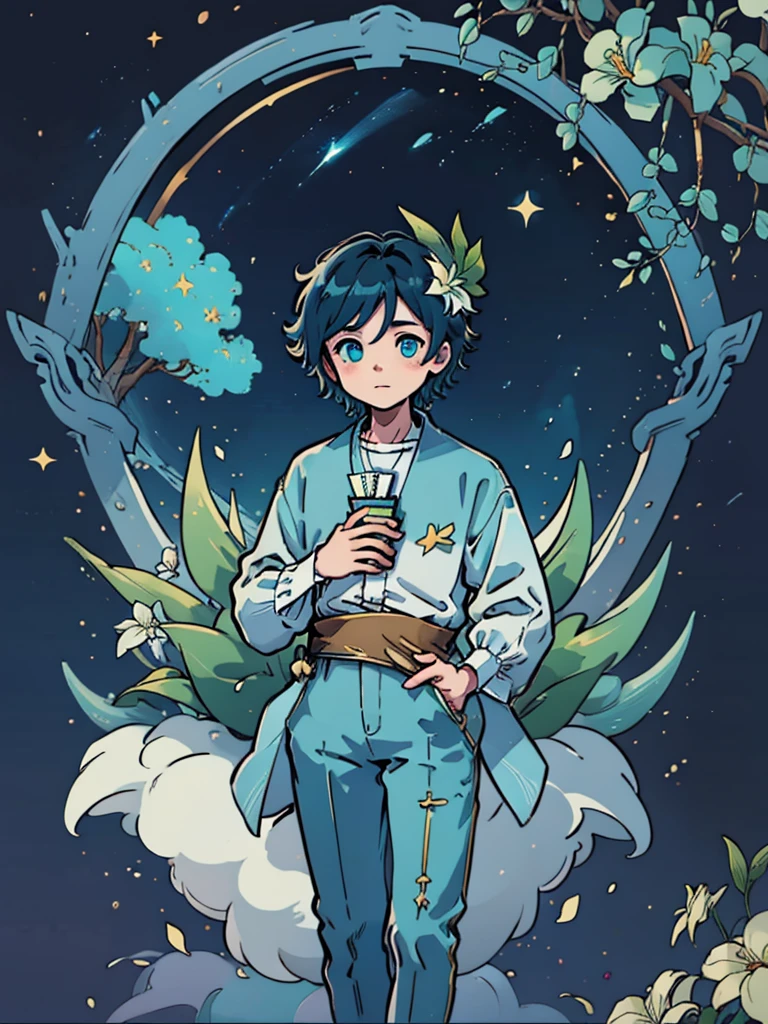 Venti genshi impact flat colors card cover blue colors golden frame boy with a book in his hands stars and elements like white flowers around