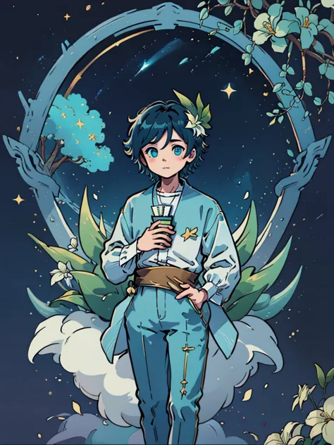 Venti genshi impact flat colors card cover blue colors golden frame boy with a book in his hands stars and elements like white f...