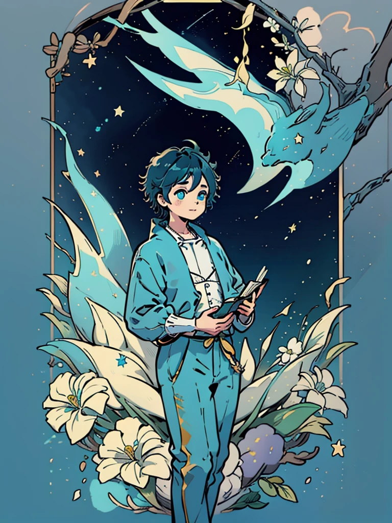 Venti genshi impact flat colors card cover blue colors golden frame boy with a book in his hands stars and elements like white flowers around