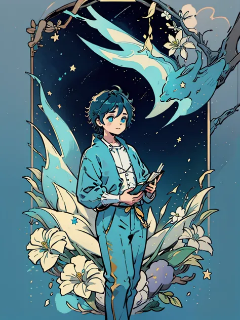 venti genshi impact flat colors card cover blue colors golden frame boy with a book in his hands stars and elements like white f...