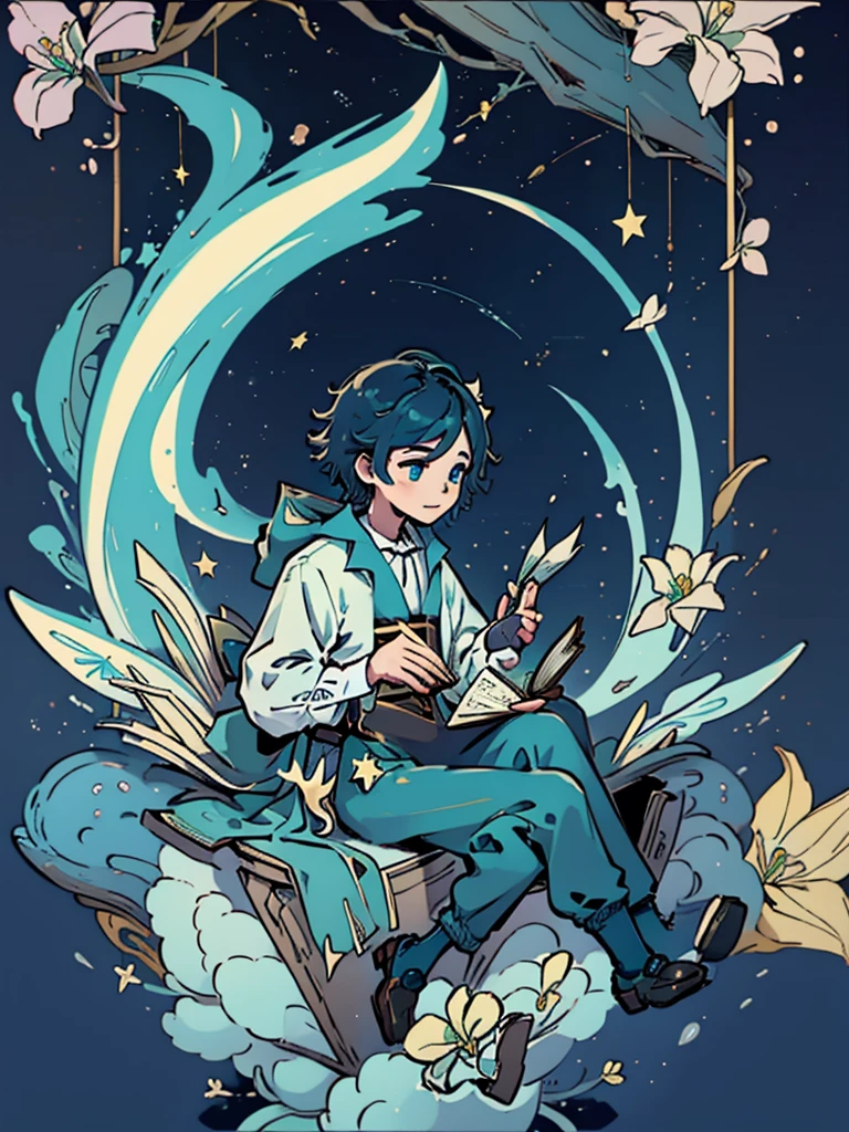 Venti genshi impact flat colors card cover blue colors golden frame boy with a book in his hands stars and elements like white flowers around